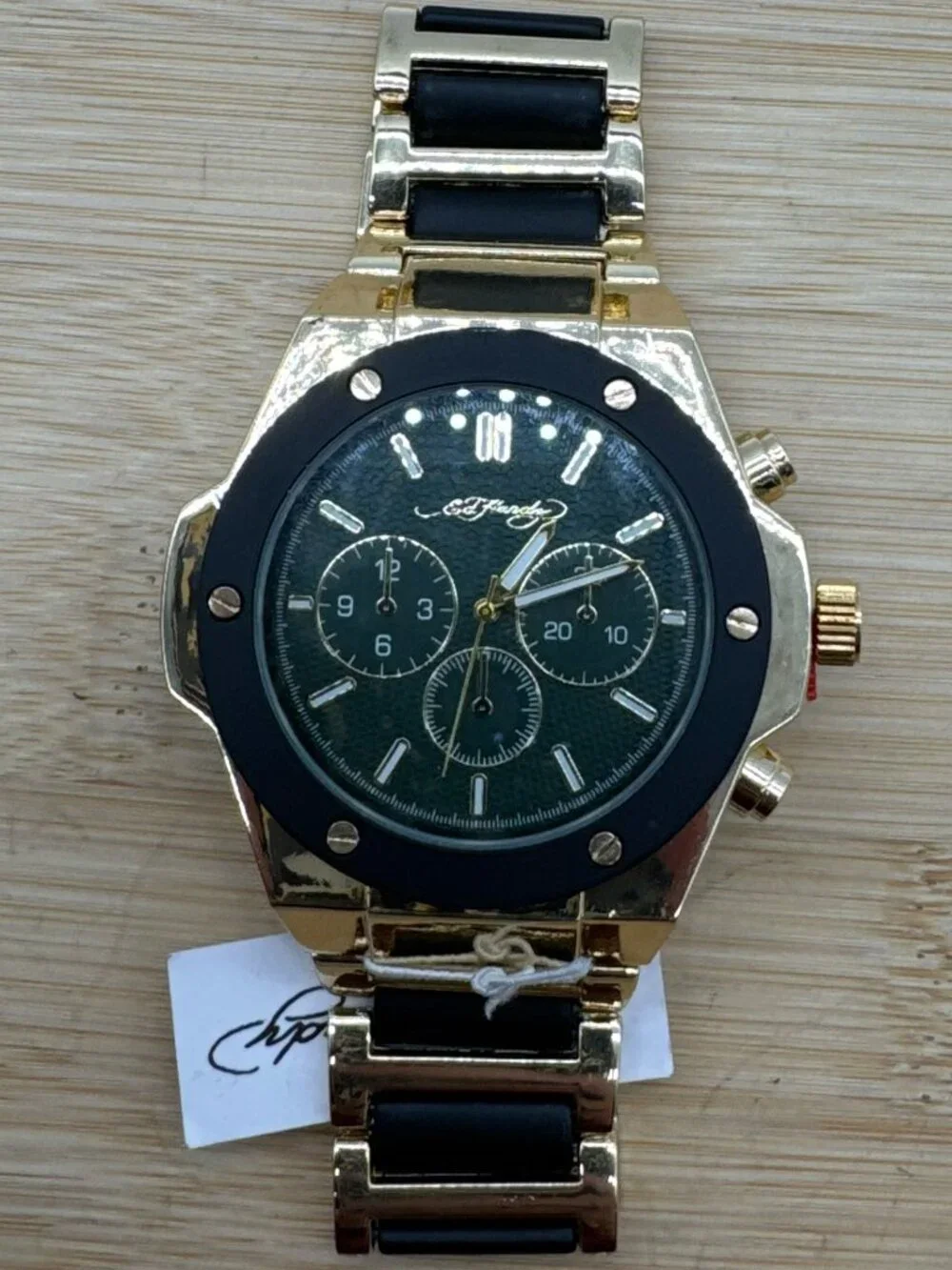 Ed Hardy Men's Gold Tone Bracelet Watch Green Dial Analog Quartz 46mm